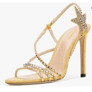 XYD Yellow Rhinestones Open Toe Strappy High Heel Side Star Slingback Sandals